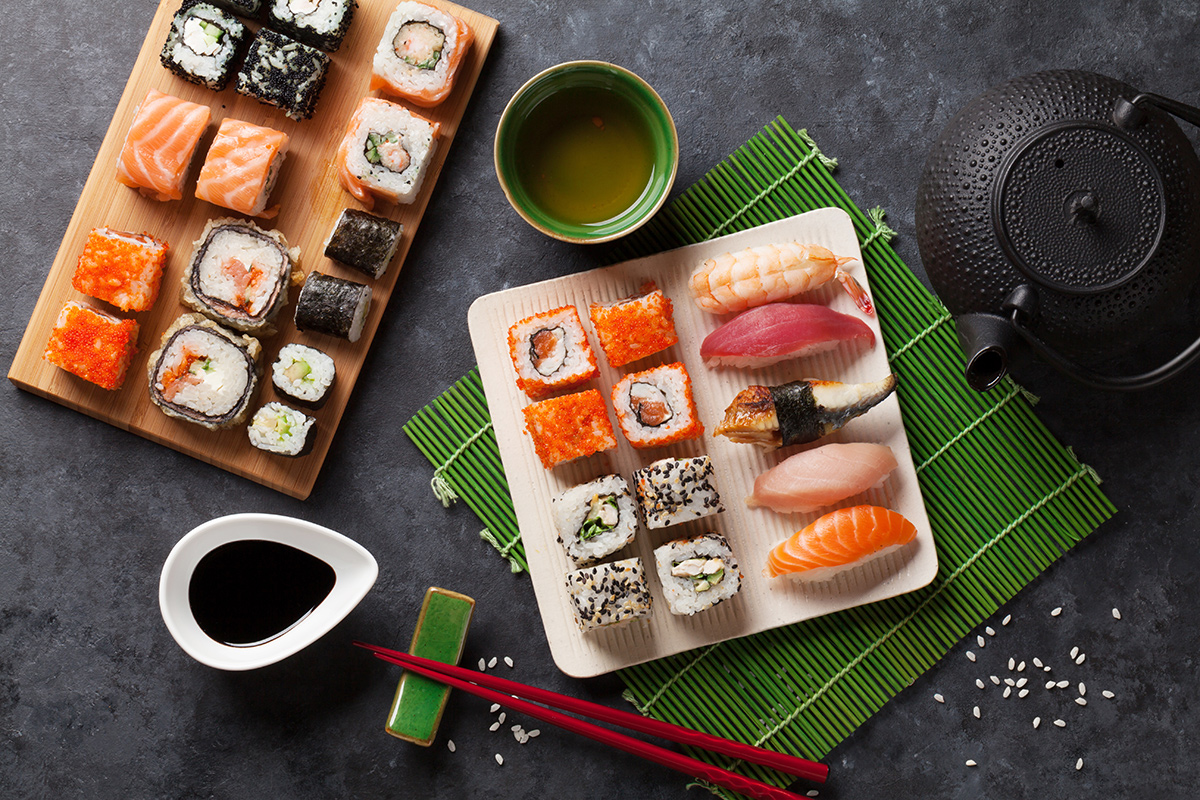 Abstract composition representing a variety of food types arranged in a calm, organised layout